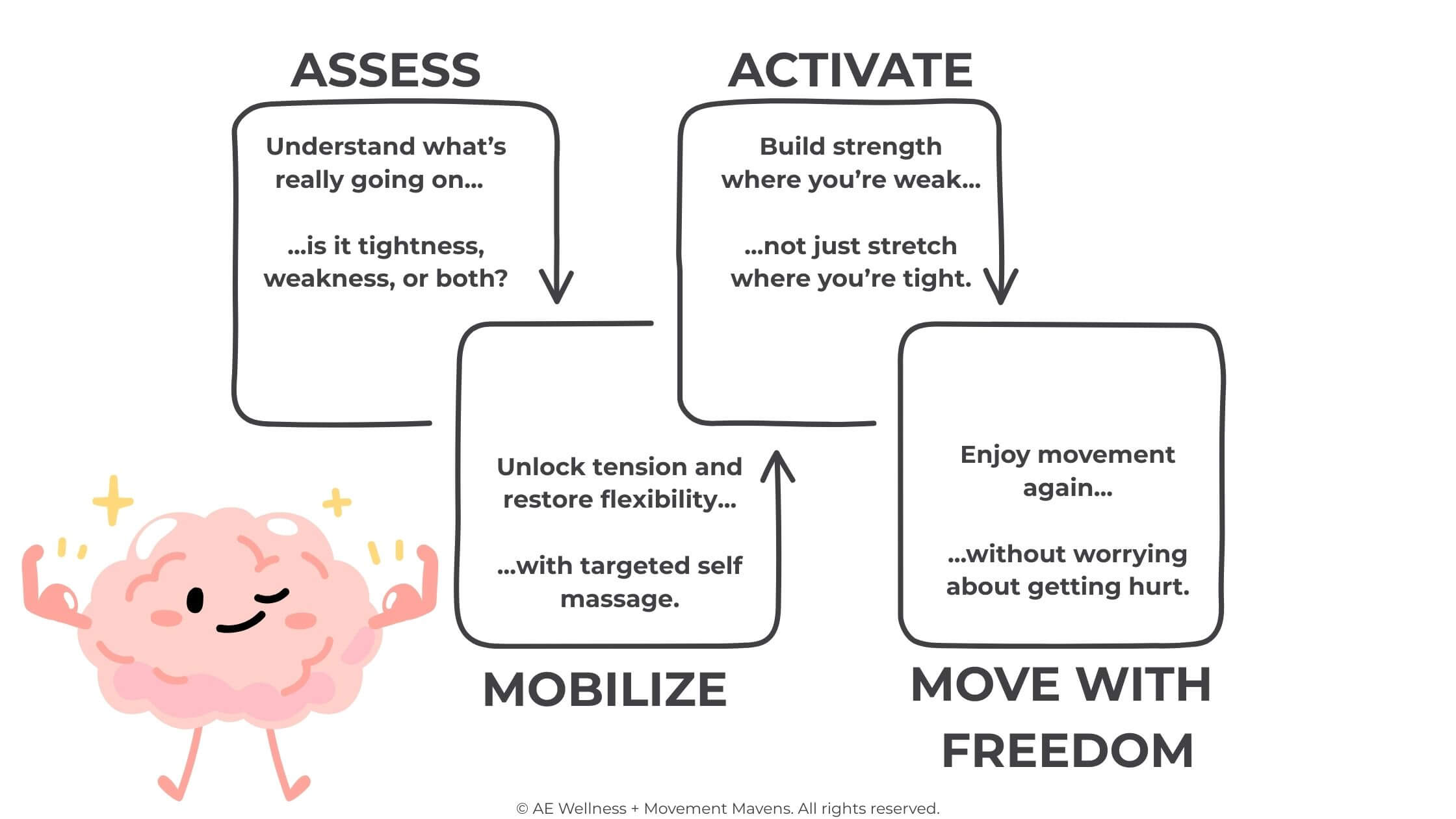 Visual success path showing the four key steps to stronger, more flexible hips: Assess your hips' needs, Mobilize to restore movement, Activate key muscles for strength, and Move with Freedom to enjoy pain-free living.